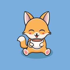 Vector Cute Fox Illustration With Coffee. Kawaii Animal Design For Banner, Poster, Icon, Mascot