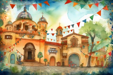 Cinco de Mayo celebration in a traditional Mexican town square created with Generative AI technology