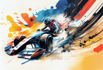 Watercolor Illustration of a Futuristic Racing Formula At Fast Ride To Finish. Generative AI