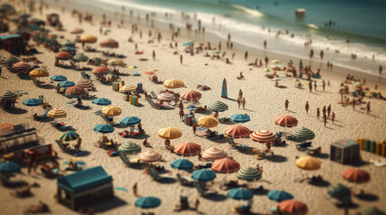 Beach and sea, a lot of beach umbrellas, towels on the sand. Generative AI