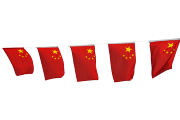 String of chinese flags, patriotic chinese banner isolated on transparent background, png file