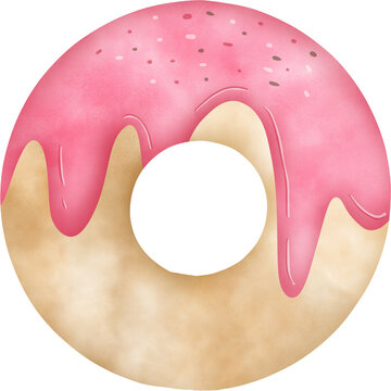 recommend clip art: Strawberry flavor donut watercolor icon. Digital art illustration