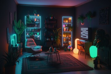 Luminous gaming room at night created with Generative AI 