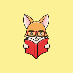 Vector Cute Fox Illustration Reading A Books. Kawaii Animal Cartoon Design For Banner, Poster, Icon, and  Mascot