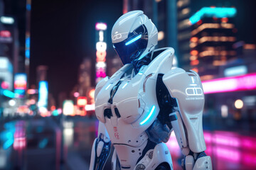 Fototapeta premium robot woman on blurred background using digital generative ai