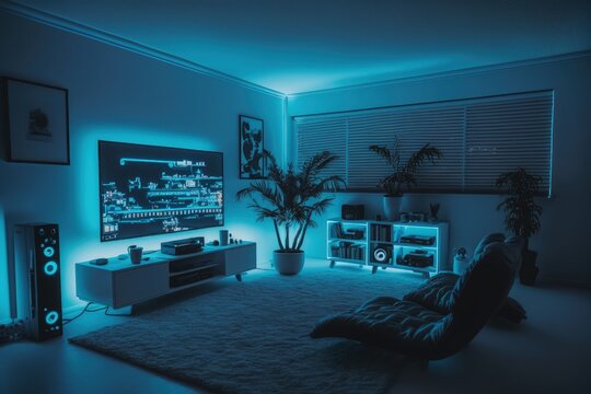 Luminous gaming room at night created with Generative AI 