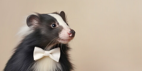 Cute skunk in a tuxedo on a light background, banner. generated AI