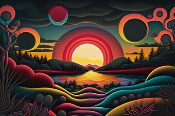 Surreal bright colorful sunset created with Generative AI 