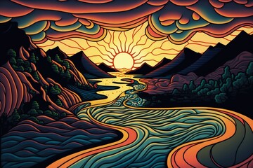 Surreal bright colorful sunset created with Generative AI 