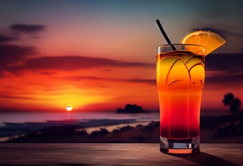 A tequila sunrise cocktail placed on a bar counter, with a beach and sunset in the background. Generative AI - obrazy, fototapety, plakaty