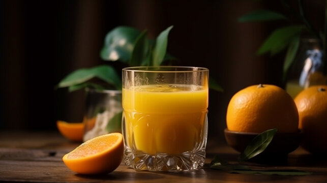frozen glass with fresh orange juice on the wooden table