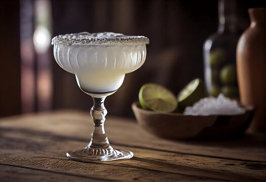 A close-up of a Margarita glass with a salt rim, filled with lime and tequila, placed on a rustic wooden table with a blurred background of a Mexican cantina. Generative AI