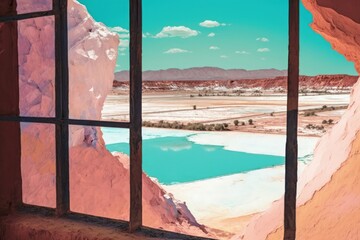 Hot springs with clear turquoise water and white sand through windows created with Generative AI 
