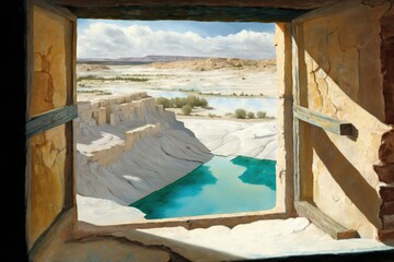 Hot springs with clear turquoise water and white sand through windows created with Generative AI 