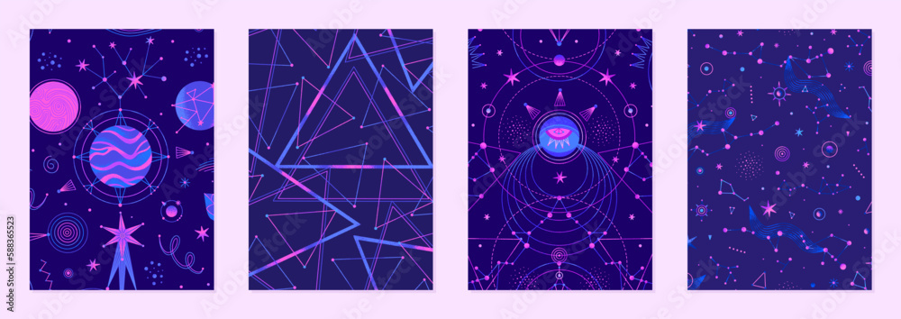 Wall mural set of vector illustrations of abstract celestial bodies. constellations, stars, planets. space univ
