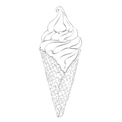 Ice-cream scoops in waffle cones with assorted balls of vanilla, citrus, strawberry, mint, chocolate. Vector realistic line illustration