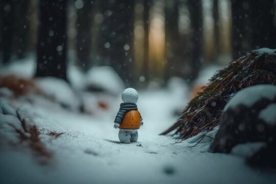 Cute snowman in winter forest created with Generative AI 