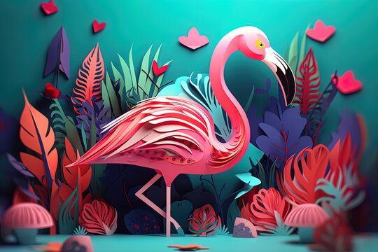 Flamingo on Nature Papercrafted background of Leaves and Plants, Generative ai illustration © Mrt