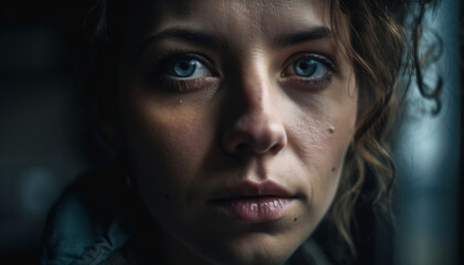 Fototapeta premium Sadness in young woman eyes, wet with tears generated by AI