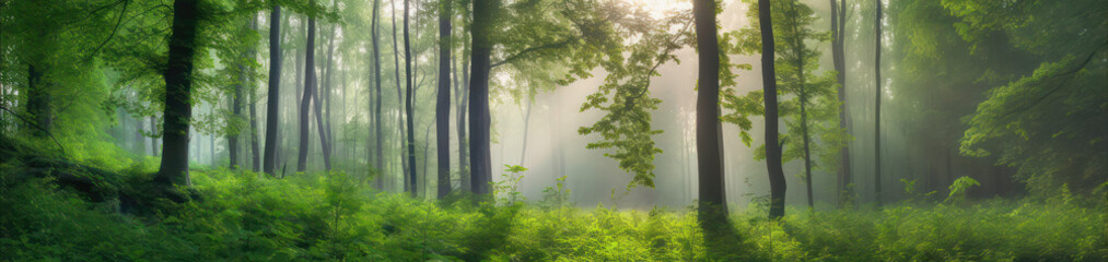 Beautiful green woods or forest background. Extra wide format. Generative AI.