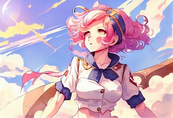 Obraz na płótnie Canvas Watercolor Illustration of a Anime Girl With Pink Hair In Sailor Uniform Sky Sun Background, Fairy Magical Fantasy World. Generative AI