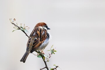 Sparrow bird perched on tree branch. House sparrow songbird (Passer domesticus) sitting singing on brown wood branch isolated on bright background. Sparrow bird wildlife. - 588367119