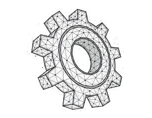 Polygonal vector illustration of a gear wheel or gear. Mechanism concept in geometric style. Engineering banner template and background.