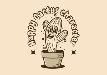 Mascot character illustration of cactus with a cheerful face in a pot