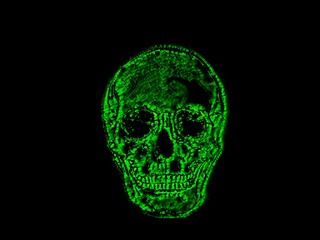 Human skull drawing illustration virtual green virus metaphor. Skull drawn with pencil pen and ink in green black background. Virus, cube attack, virtual cyber attack and internet security metaphor. - 588367175