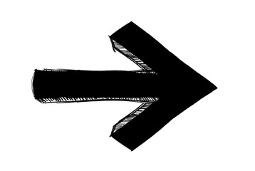 Black ink grungy arrow direction sign painted with hand brush over white transparent background. Fine line black ink hand drawing of an arrow.