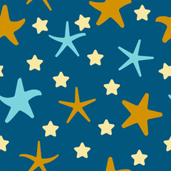 Starfish of different sizes and colors on a dark blue background. Sea stars in orange, blue and yellow. Seamless pattern. Children's background. Vector illustration.