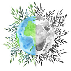 Watercolor illustration for Earth Day and Peace Day. A drawing of a globe with continents and oceans framed by wreath of green branches with leaves. The theme of love for ecology, peace and the Earth.