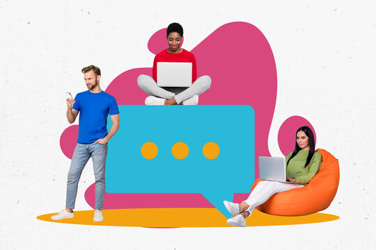 Composite demonstrative collage app for online meetings find new friendship messenger use every gadget isolated on drawing background