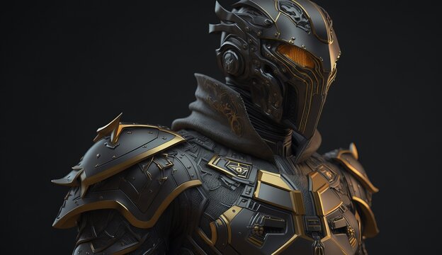 warrior in cyberpunk style in a black metal helmet in black metal armor with gold accents. ai generation