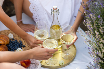 Group of happy girlfriends clinking wine glasses and proposing toast during summer picnic in the lavender field. Close up.