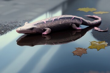 Axolotl creature on the road created with Generative AI 
