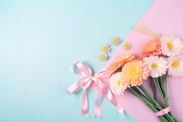 Mothers Day celebration card with fresh flowers. Copy space for text, flat lay design. Generative AI