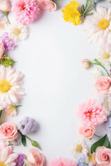 Obraz na płótnie Canvas Mothers Day celebration card with fresh flowers. Copy space for text, flat lay design. Generative AI