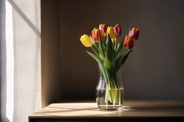 Fresh tulips flowers in glass vase on home table. Celebration gift or Mothers Day. Generative AI