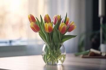 Fototapeta premium Fresh tulips flowers in glass vase on home table. Celebration gift or Mothers Day. Generative AI
