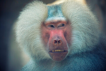 The baboon looks around and observes the surroundings.