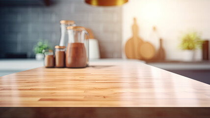 Fototapeta na wymiar Wooden texture table top on blurred kitchen window background. For product display or design key visual layout. For showcase or montage your items (or foods). Product display mock up. Generative AI
