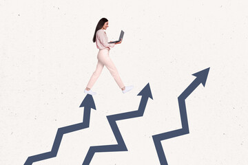 Creative collage portrait of positive successful lady use netbook walk climb growing arrows upwards isolated on white background