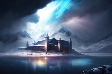 Magical luminous citadel. Winter landscape created with Generative AI 