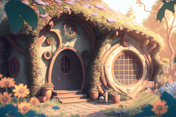 Fairy house, cheerful whimsical feeling, cozy, fairy house, fairy tale, enchanted forest, elf hobbit generative ai	