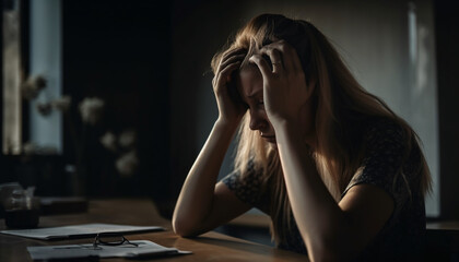 Lonely young woman sits with head in hands generated by AI