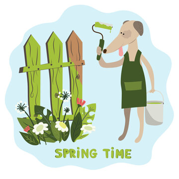 The dog is preparing for spring and is painting the fence. Gardening. Clipart, sticker. Spring time