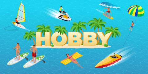 Isometric Hobby concept. Jet Ski, Sports. Surfer on Blue Ocean Wave. Fun in the ocean, Extreme Sport, water skiing. Active summer vacations with paddle board. Hobby Young People.