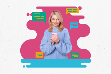Collage portrait of positive grandmother use smart phone typing message chatting isolated on...