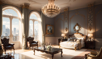 Fototapeta na wymiar Photo of a luxurious bedroom with a stunning chandelier and a breathtaking view through the large window